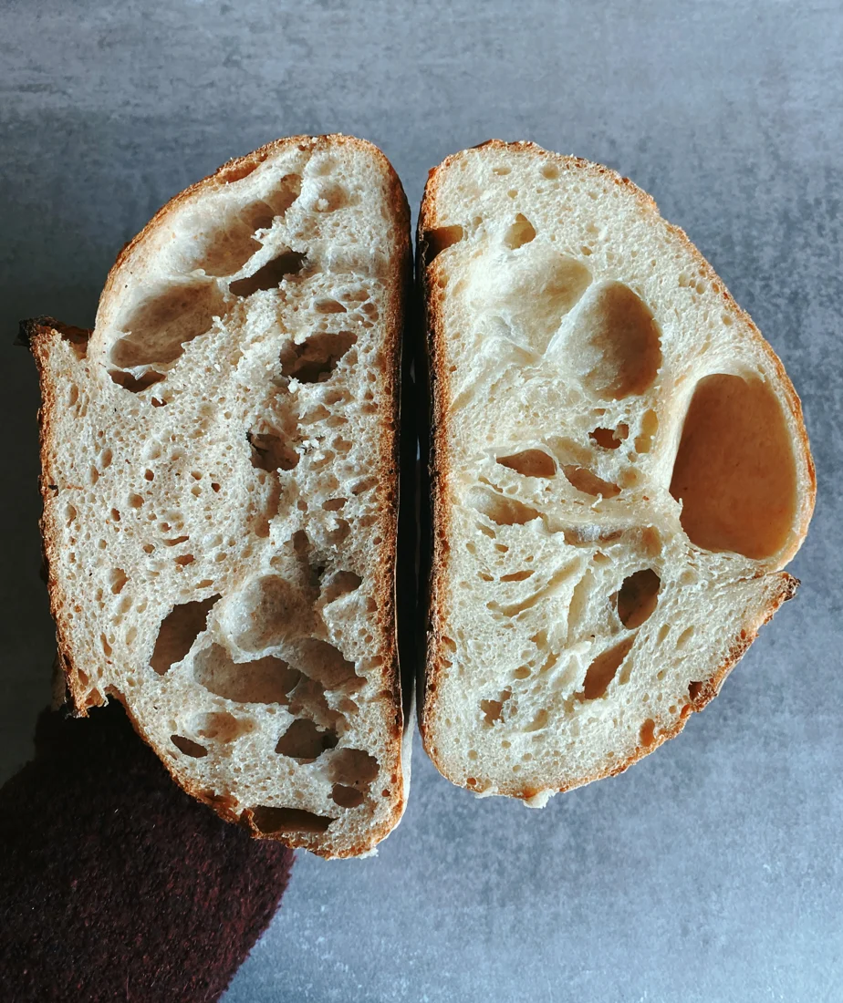 Open crumb inside a sourdough loaf